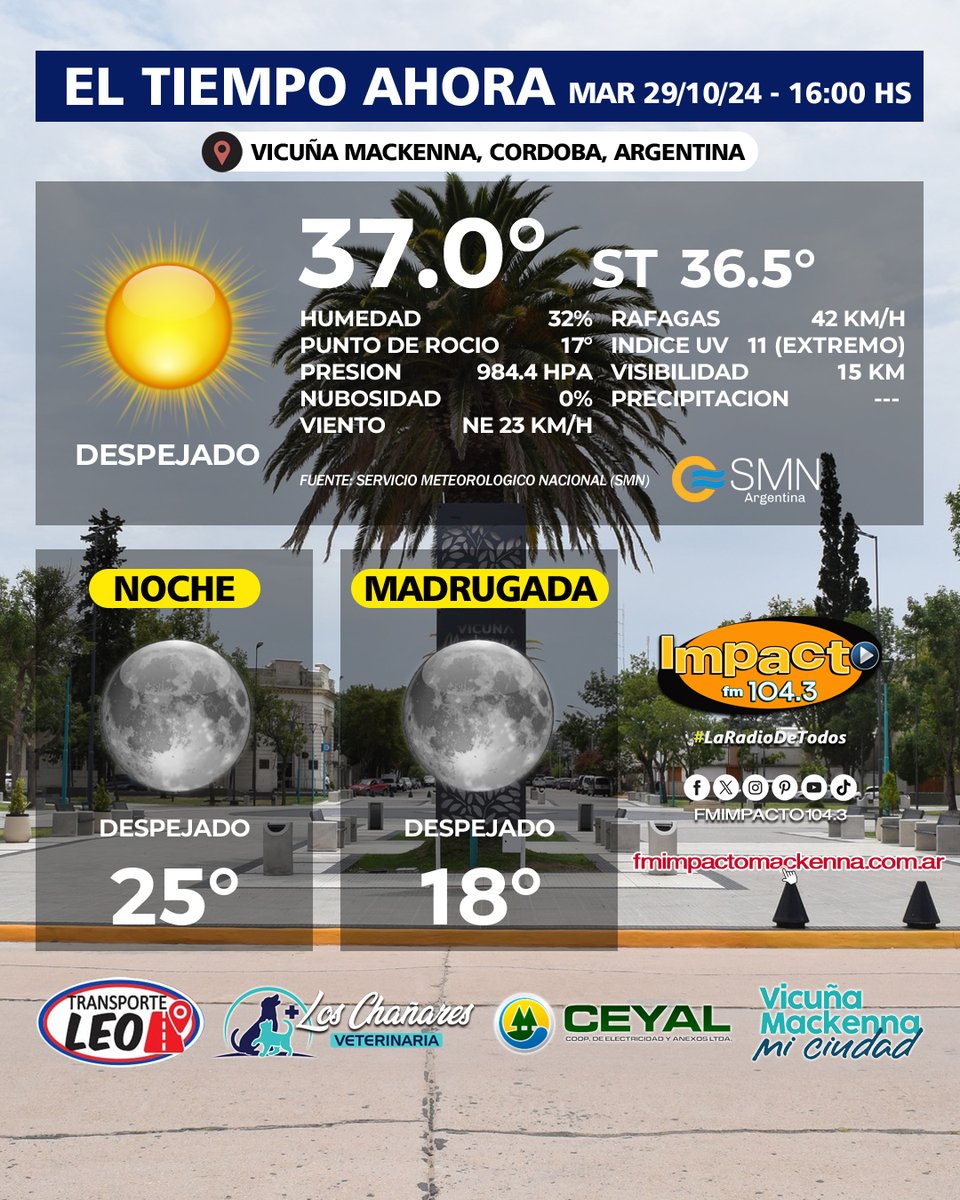 fmimpacto1043's tweet photo. ☀️🌧 #Clima #EstadoDelTiempo ⛅️☁️

⭕ EL TIEMPO AHORA EN #VicuñaMackenna
MAR 29/10/2024 - 🕓 HORA 16:00

👉 La tarde se presenta con cielo Despejado.

@smn_argentina 

Buenas tardes y buen Martes para todos!!! 👋

#Temperatura #SensacionTermica #SMN https://t.co/rOSThvMTka