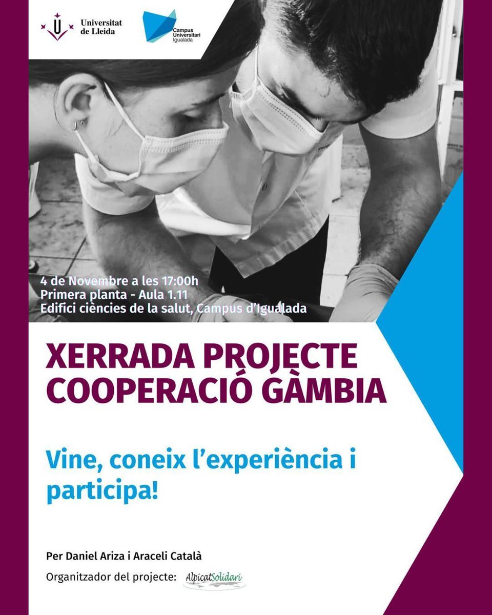 🌍 Daniel Ariza i Araceli Català ens expliquen l' experiència fent cooperació a l'hospital de Baja Kunda.

📅 4 de novembre a les 17 h
📍 Aula 1.11 de l’edifici de Ciències de la Salut, Campus d’Igualada.

Mentre arriba el dia, fes un tast amb el capítol 7 de l'Espai Solidari. 🎧