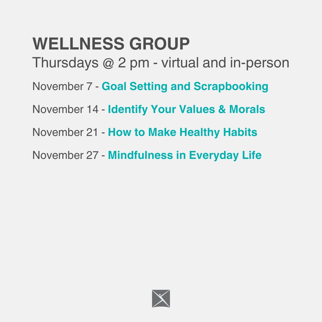 Here are the topics for Peer Support’s November Wellness Group, held on Thursdays at 2 pm.