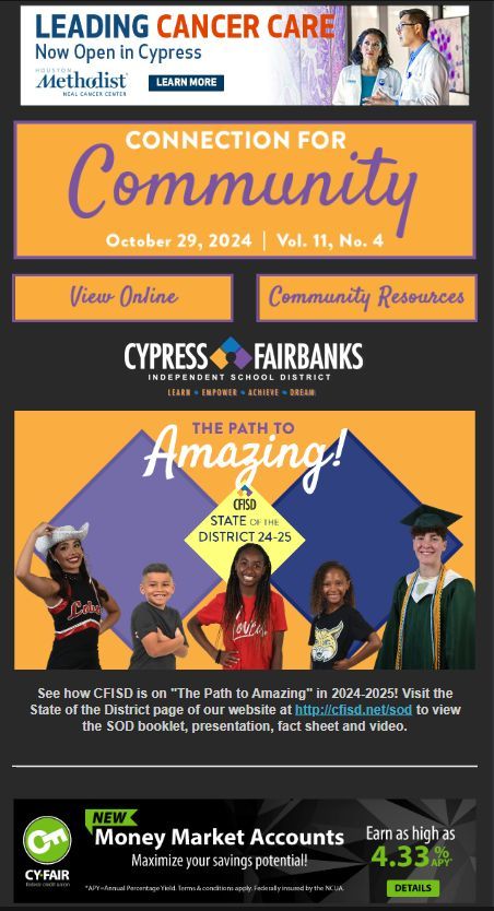 The October edition of our community newsletter, the Connection, is now posted. View it online here: buff.ly/3YoEM26. #CFISDspirit