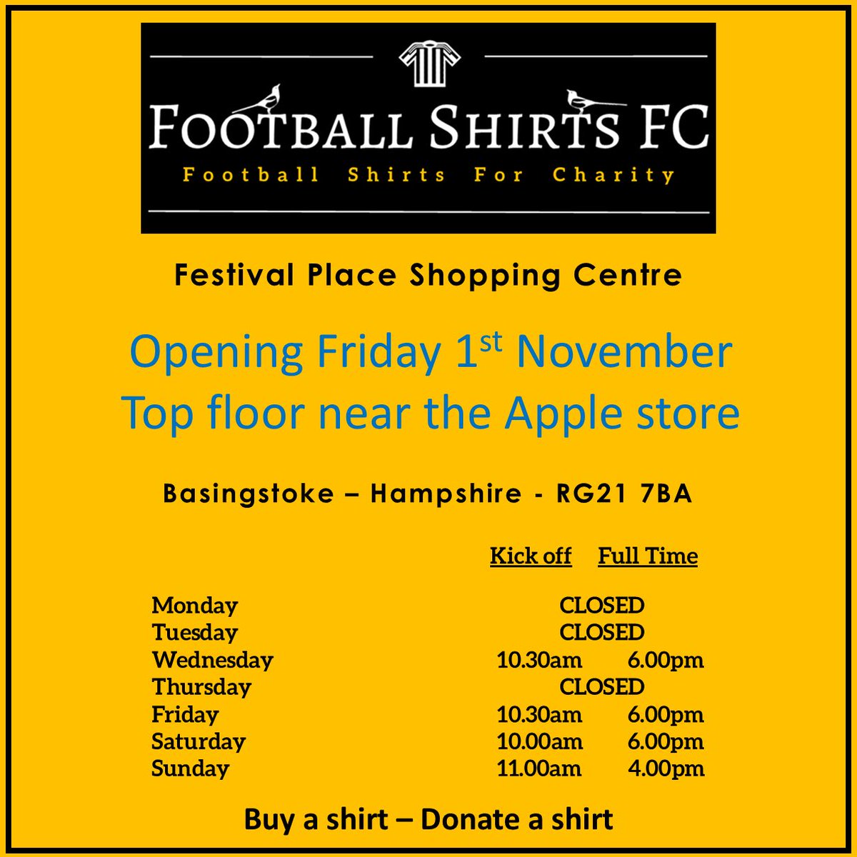 FootballShirtsFC (@fsfcuk) on Twitter photo ‘Popping up’ on the top floor <a href="/FestivalPlace/">Festival Place</a> shopping centre in Basingstoke until Christmas…
Open from Friday Nov 1.
Come and say hello, talk shirts and football!
We can’t wait to see you…! ⚽️👕💛
#EveryShirtHasAStory ‘Popping up’ on the top floor <a href="/FestivalPlace/">Festival Place</a> shopping centre in Basingstoke until Christmas…
Open from Friday Nov 1.
Come and say hello, talk shirts and football!
We can’t wait to see you…! ⚽️👕💛
#EveryShirtHasAStory