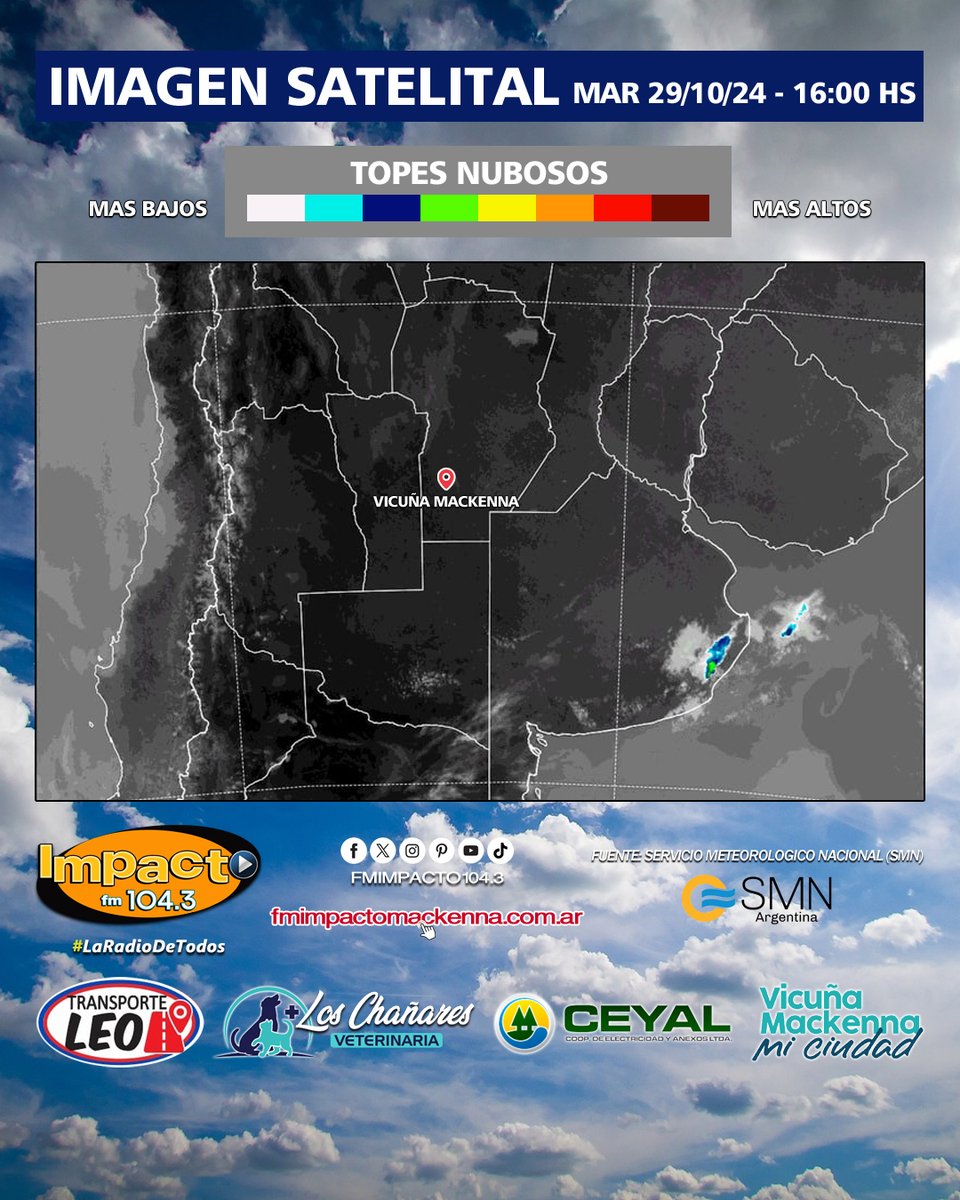fmimpacto1043's tweet photo. ☀️🌧 #Clima #EstadoDelTiempo ⛅️☁️

🛰 ULTIMA IMAGEN SATELITAL 📸
MAR 29/10/2024 - 🕓 HORA 16:00

🖲 #VicuñaMackenna Y CENTRO DEL PAIS

@smn_argentina

#Satelite #Tiempo #VicuñaMackenna #Cordoba #Argentina #CentroDelPais #SMN #ConVosEnElTiempo #AtentosAlTiempo https://t.co/2GqUB6ig2D