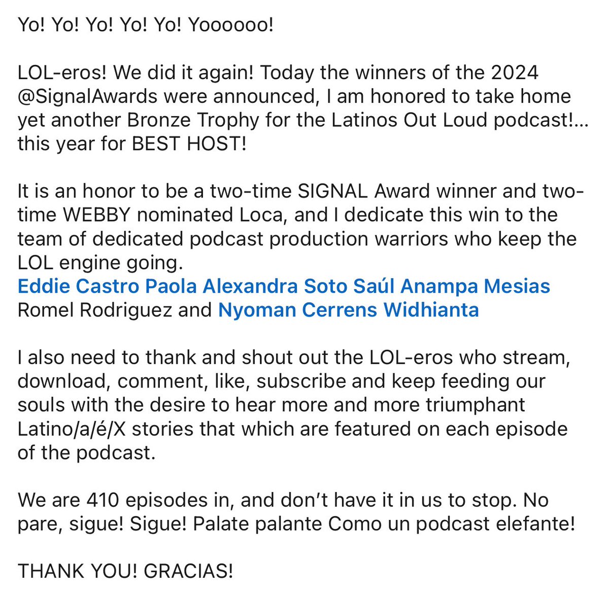 LOL-eros! We did it again! Today the winners of the 2024 <a href="/signalawards/">Signal Awards</a> were announced, and ya’ girl took home yet another Bronze Trophy!…this year for BEST HOST! 🙌🏽 Wao. Gracias! #FeelingBlessed