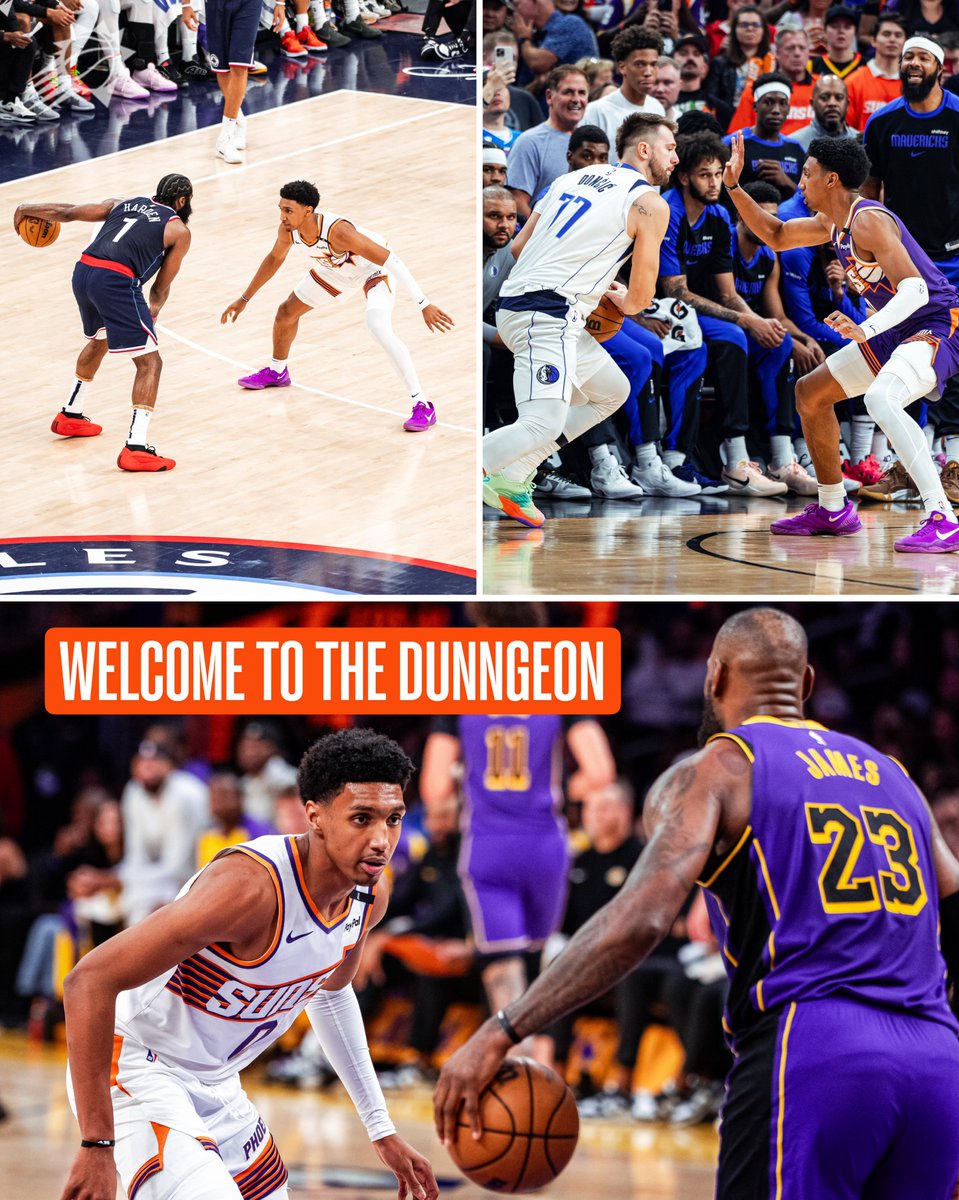 Suns's tweet photo. With Ryan Dunn defending LeBron James, Luka Dončić &amp; James Harden this season — those three players have shot a combined 5-16 FG (31.3%) &amp; 2-8 3P (25%) 🔒

Per https://t.co/84fxedl72O https://t.co/GyIU12UYO5