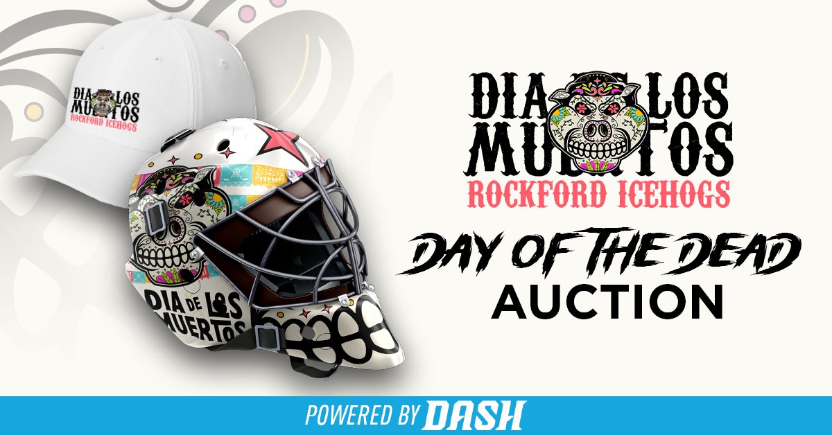 We’re kicking off our Day of the Dead auctions with some exclusive items that are available to bid on now on DASH or via the IceHogs app, including a one-of-a-kind IceHogs Day of the Dead goalie mask that has been signed by IceHogs goalies Drew Commesso, Mitchell Weeks, and Ben