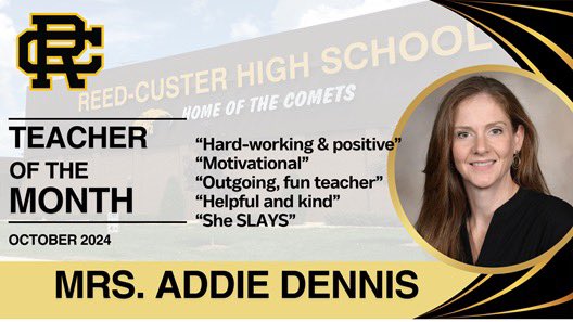 Congratulations to the RCHS October Teacher of the Month, as voted on by the student body, Mrs. Addie Dennis!  Mrs. Dennis, who is in her 24th year at RCHS, is our Band Director.
