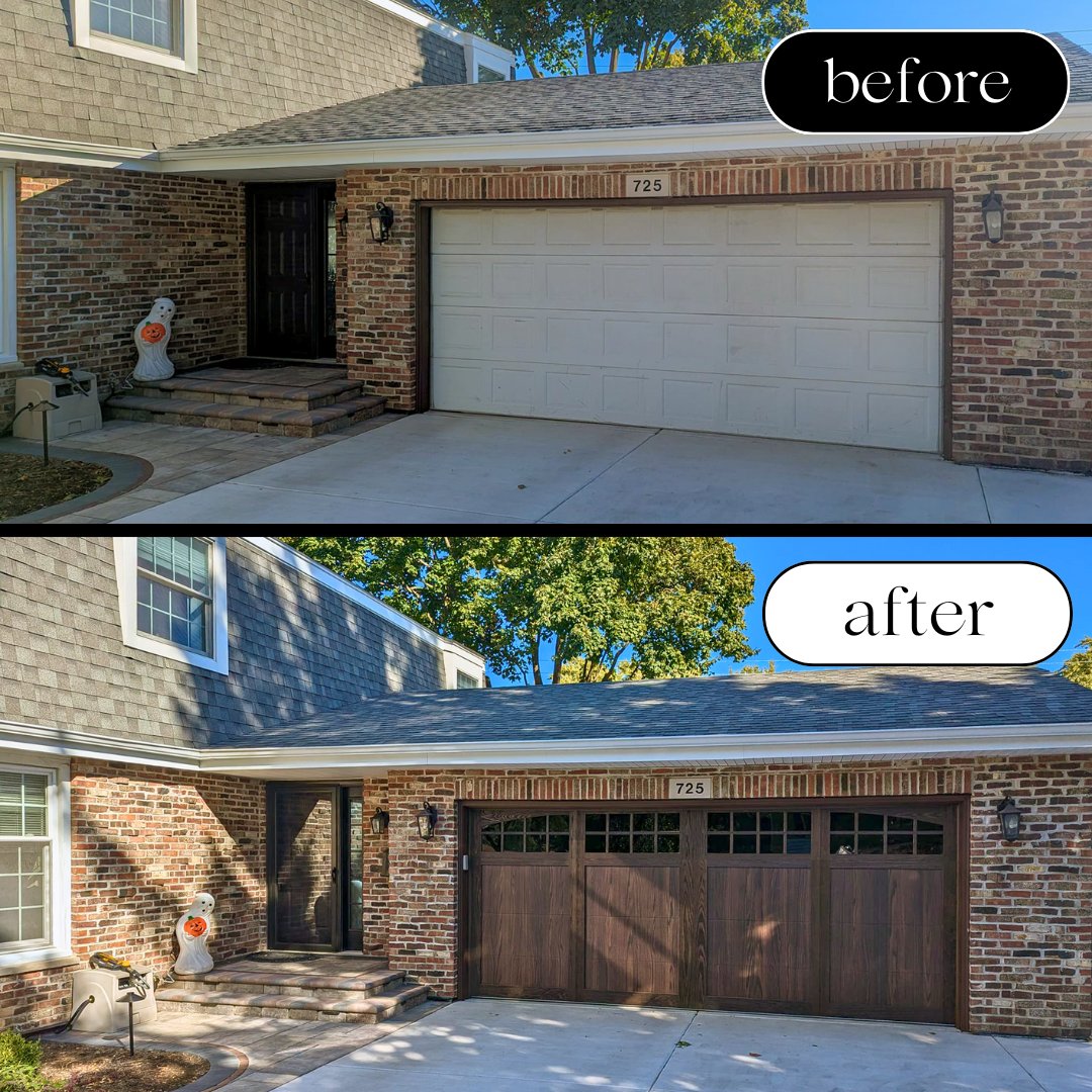 Witness the magic of a new garage door! 🪄

Our Shoreline overlay door in Dark Oak added some much-needed texture and charm to this home, giving it a completely new look.

Choose your free color samples: bit.ly/3rlOYfq

📸: R&amp;W Garage Doors, LLC