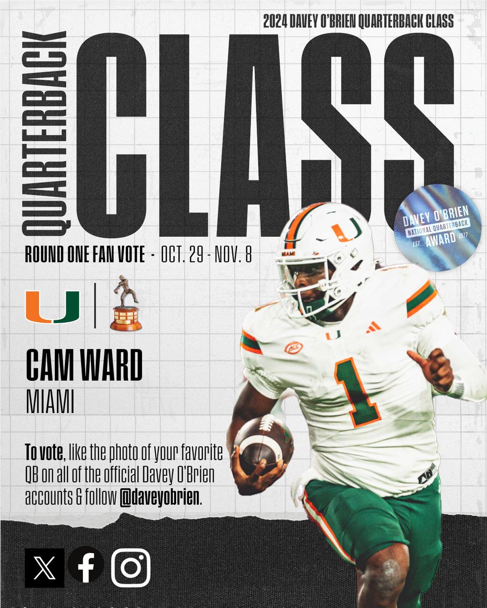 daveyobrien's tweet photo. Get in the game and VOTE for @Cameron7Ward! Like this photo on @daveyobrien official accounts on Twitter, Instagram &amp; Facebook. The top fan vote getters receive bonus Selection Committee votes as we get closer to deciding our National Quarterback of the Year! #DaveyQBs #GoCanes https://t.co/UGIFJQIYWF