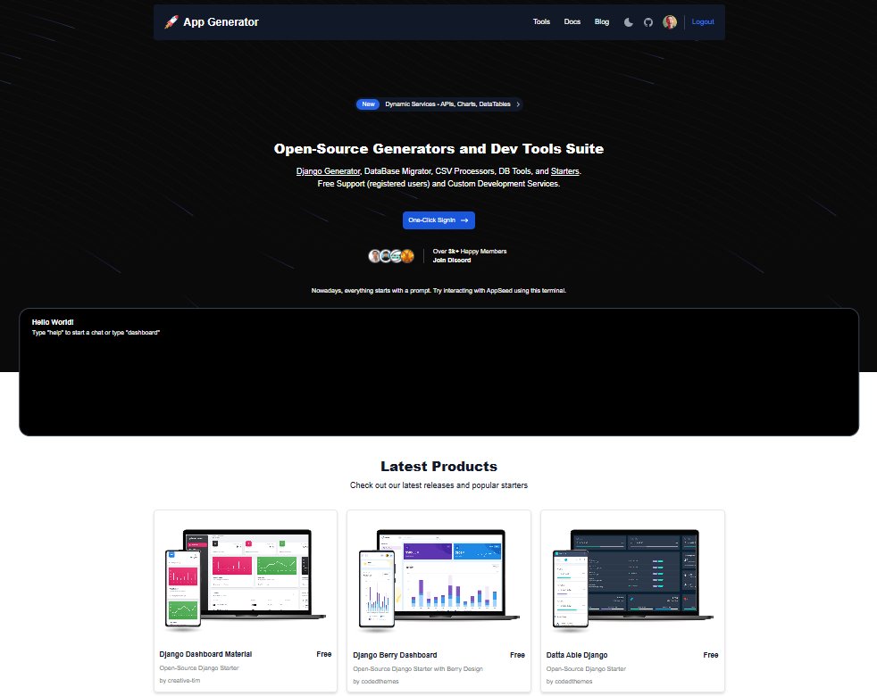 #OpenSource #app #generator | WIP 

app-generator.dev

Design credits <a href="/CreativeTim/">Creative Tim</a> <a href="/Axelut/">Alexandru Paduraru</a> 

Partners <a href="/codedthemes/">CodedThemes</a> <a href="/CreativeTim/">Creative Tim</a> <a href="/themesberg/">Themesberg</a>