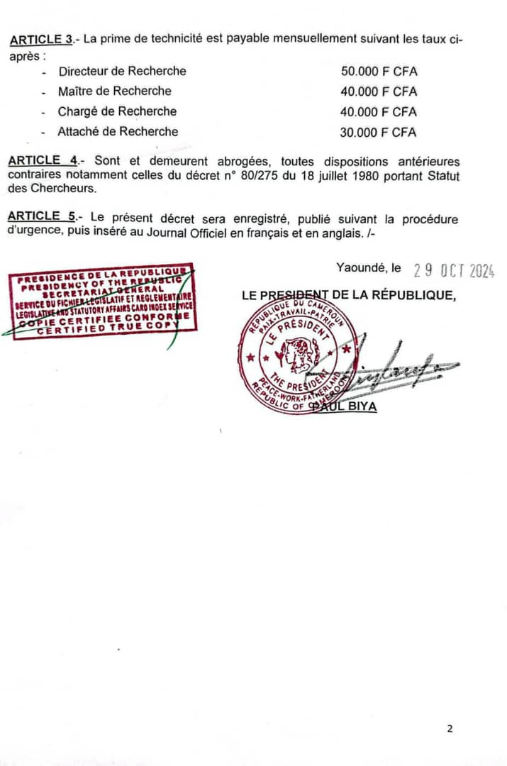 Décret N°2024/478 du 29 octobre 2024 fixant les montants et les modalités de paiement des primes allouées au personnel chercheur des Instituts de recherche publics