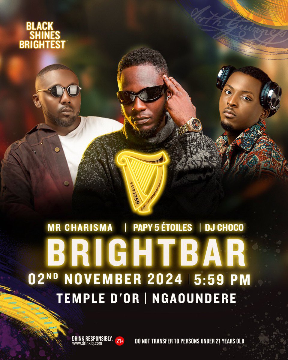 237Showbiz's tweet photo. The Guiness Bright Bar is coming to Ngaoundere on Nov 02 at Temple D’or! You don’t wanna miss it! 

#BlackBrilleDansTout #BrightBar #InterditAuxMoinsDe21Ans #AConsommerAvecModeration #ad

NB: Do No Share To Persons Under The Age of 21 Years
Drink Responsibly 21+ https://t.co/giFhjkH8pd