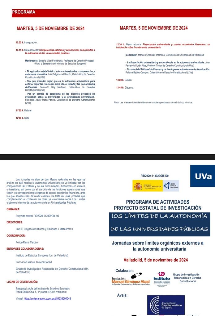 laup_de's tweet image. Martes 5 jornada sobre límites orgánicos externos a la autonomía universitaria junto a @UvaConst y @Fundacion_MGA 
Toda la inflamación aquí: fundacionmgimenezabad.es/actividades/jo…