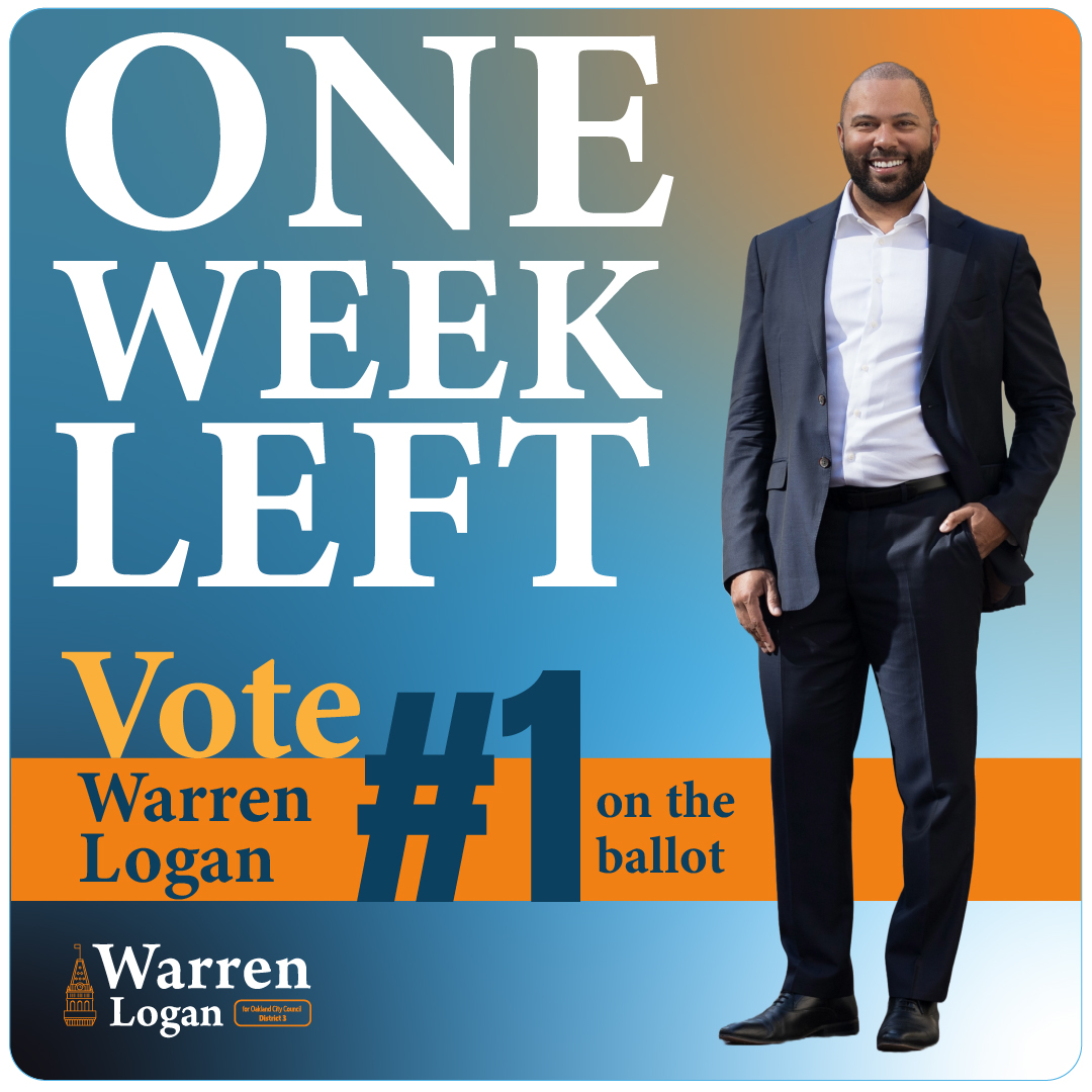 We're just one week away from Election Day! 🗳️

This is our final push to secure a stronger, safer Oakland for everyone. Be sure to cast your ballot early and help bring positive change to District 3 by voting Warren Logan #1 on or before November 5!

#OaklandElections