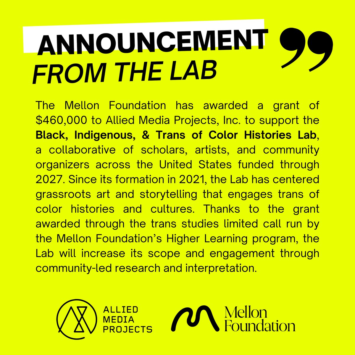 ✨ <a href="/MellonFdn/">Mellon Foundation</a> Awards $460,000 to the Black, Indigenous, &amp; Trans of Color Histories Lab, led by <a href="/DEcultured84/">BlackQueerGrio</a>, <a href="/ISlay4Bey/">Nia the ebony southern belle</a>, <a href="/A_M_Medina/">alejandrina is ABD</a>, @BlaQueeReason, fabian romero, and <a href="/gvgktang/">GVGK Tang · 鄧珏琦</a>. To learn more and get involved, follow <a href="/bitpochistories/">Black, Indigenous, & Trans of Color Histories Lab</a>, and sign up: eepurl.com/i01kVQ ✨