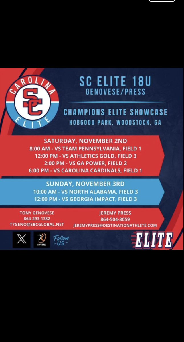 Lacey Nicholson (@laceynich15) on Twitter photo Schedule for this weekend in Woodstock, GA!!! <a href="/ScGenovese/">Carolina Elite SC National-Genovese</a> <a href="/FurmanSoftball/">Furman Softball</a> <a href="/RoyalsSball/">Queens Softball</a> <a href="/LRSoftball/">Lenoir-Rhyne Softball</a> <a href="/BlueHoseSB/">PCSB</a> <a href="/GSAthletics_SB/">Georgia Southern Softball</a> <a href="/UWGSoftball/">West Georgia Softball</a> <a href="/UNCGSoftball/">UNCG Softball</a> <a href="/WU_Bulldogs/">Wingate Bulldogs</a> <a href="/CofCSoftball/">Charleston Softball</a> <a href="/GoMocsSB/">Chattanooga Softball</a> <a href="/ElonSoftball/">Elon Softball</a> <a href="/jwint11/">John Winters</a> Schedule for this weekend in Woodstock, GA!!! <a href="/ScGenovese/">Carolina Elite SC National-Genovese</a> <a href="/FurmanSoftball/">Furman Softball</a> <a href="/RoyalsSball/">Queens Softball</a> <a href="/LRSoftball/">Lenoir-Rhyne Softball</a> <a href="/BlueHoseSB/">PCSB</a> <a href="/GSAthletics_SB/">Georgia Southern Softball</a> <a href="/UWGSoftball/">West Georgia Softball</a> <a href="/UNCGSoftball/">UNCG Softball</a> <a href="/WU_Bulldogs/">Wingate Bulldogs</a> <a href="/CofCSoftball/">Charleston Softball</a> <a href="/GoMocsSB/">Chattanooga Softball</a> <a href="/ElonSoftball/">Elon Softball</a> <a href="/jwint11/">John Winters</a>