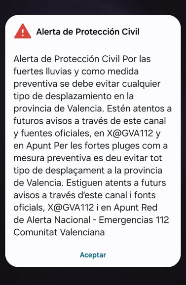Emergències 112CV (@gva112) on Twitter photo 🚨📲La <a href="/generalitat/">Generalitat</a>, a través del Centro de Coordinación de Emergencias, ha activado el sistema de aviso a la población Es-Alert para informar de manera preventiva a los habitantes de toda la provincia de Valencia.
El texto del mensaje es el siguiente⬇️ 🚨📲La <a href="/generalitat/">Generalitat</a>, a través del Centro de Coordinación de Emergencias, ha activado el sistema de aviso a la población Es-Alert para informar de manera preventiva a los habitantes de toda la provincia de Valencia.
El texto del mensaje es el siguiente⬇️