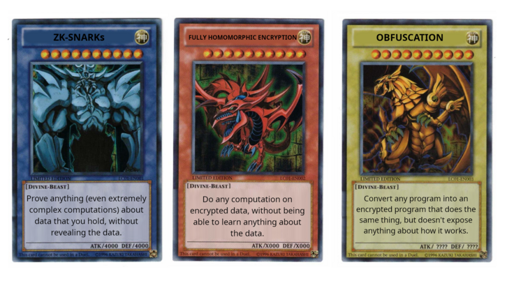 ks_kulk's tweet image. As @VitalikButerin points out, there are three Egyptian god cards that are about to be played in cryptography over the next several years:

1) ZK: prove computation without revealing data
2) FHE: compute on encrypted data
3) Indistinguishability obfuscation: obfuscate the…