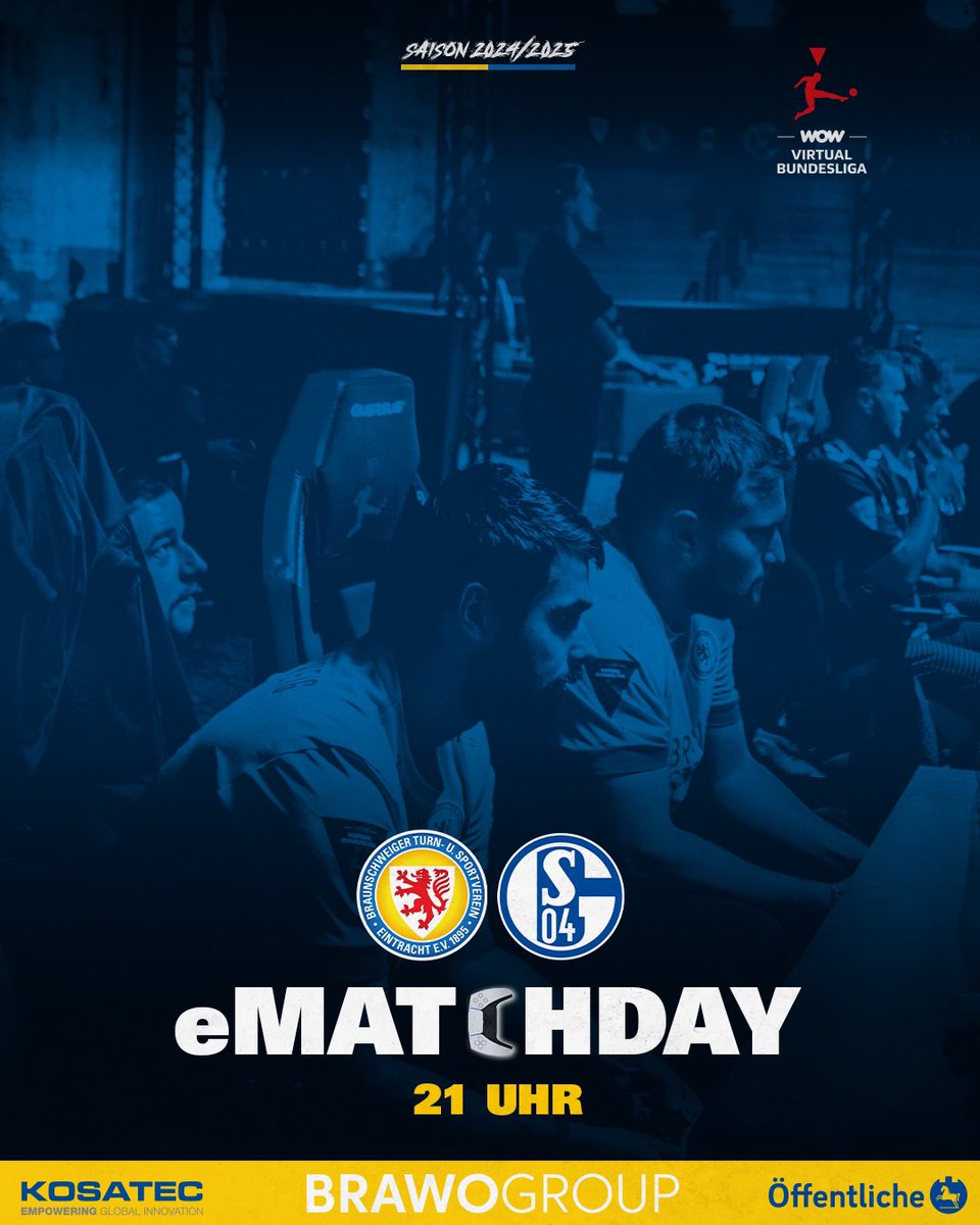 Eintracht eFootball (@ebsefootball) on Twitter photo 🔵 𝗠𝗔𝗧𝗖𝗛𝗗𝗔𝗬 🟡
❓ | <a href="/vbl_official/">VBL | WOW VIRTUAL BUNDESLIGA</a> 2. Spieltag
🆚 | <a href="/S04Esports/">Schalke 04 Esports EAFC</a>
⏰ | 21:00 UHR
📺 | Live ab 20:30 Uhr bei twitch.tv/eintrachtbraun… 🔵 𝗠𝗔𝗧𝗖𝗛𝗗𝗔𝗬 🟡
❓ | <a href="/vbl_official/">VBL | WOW VIRTUAL BUNDESLIGA</a> 2. Spieltag
🆚 | <a href="/S04Esports/">Schalke 04 Esports EAFC</a>
⏰ | 21:00 UHR
📺 | Live ab 20:30 Uhr bei twitch.tv/eintrachtbraun…