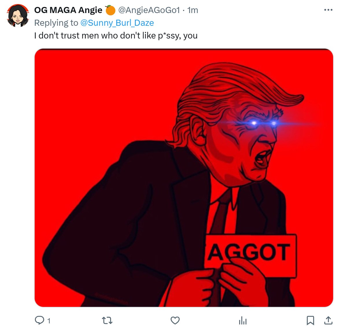 Angie, defender of sexual assault, delivers her Masters thesis on why she loves the p**sy grabber in chief. 🤣🤣