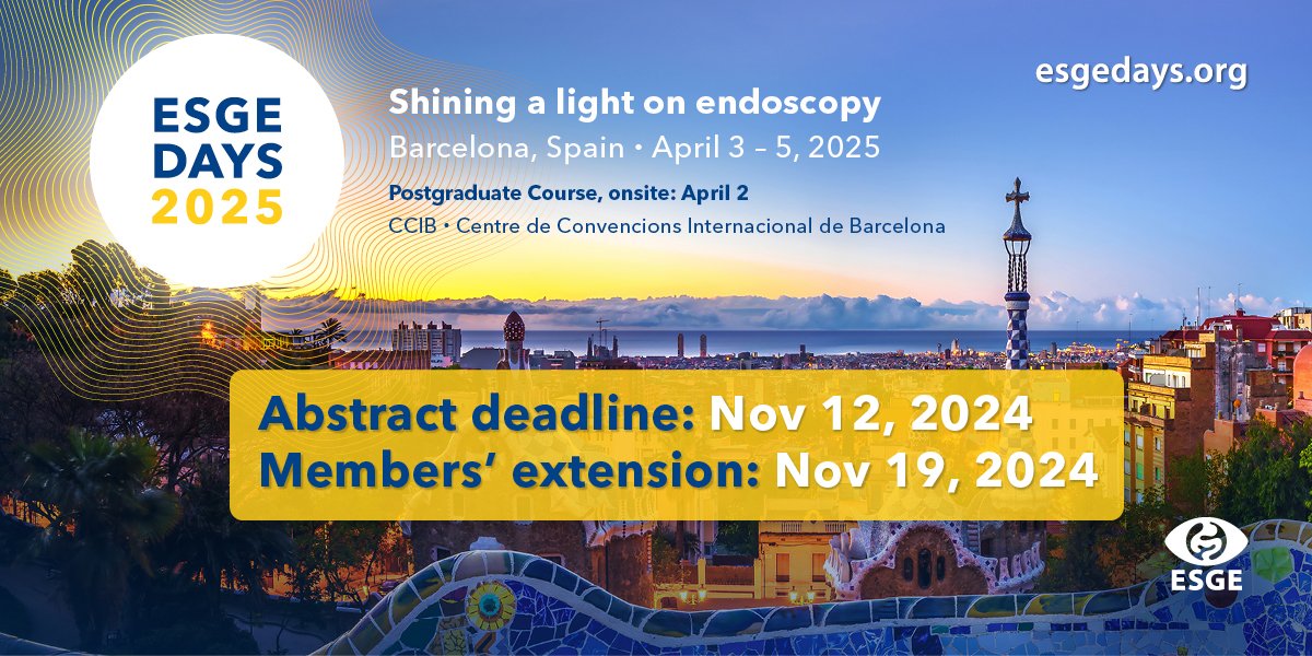 ESGE_news's tweet photo. This time in a fortnight is our #ESGEDays2025 abstract submission deadline. If you haven't already, log in to the platform and start the submission process: https://t.co/sMpWWaXzpG
See you in Barcelona! https://t.co/TJMFjzU9aI