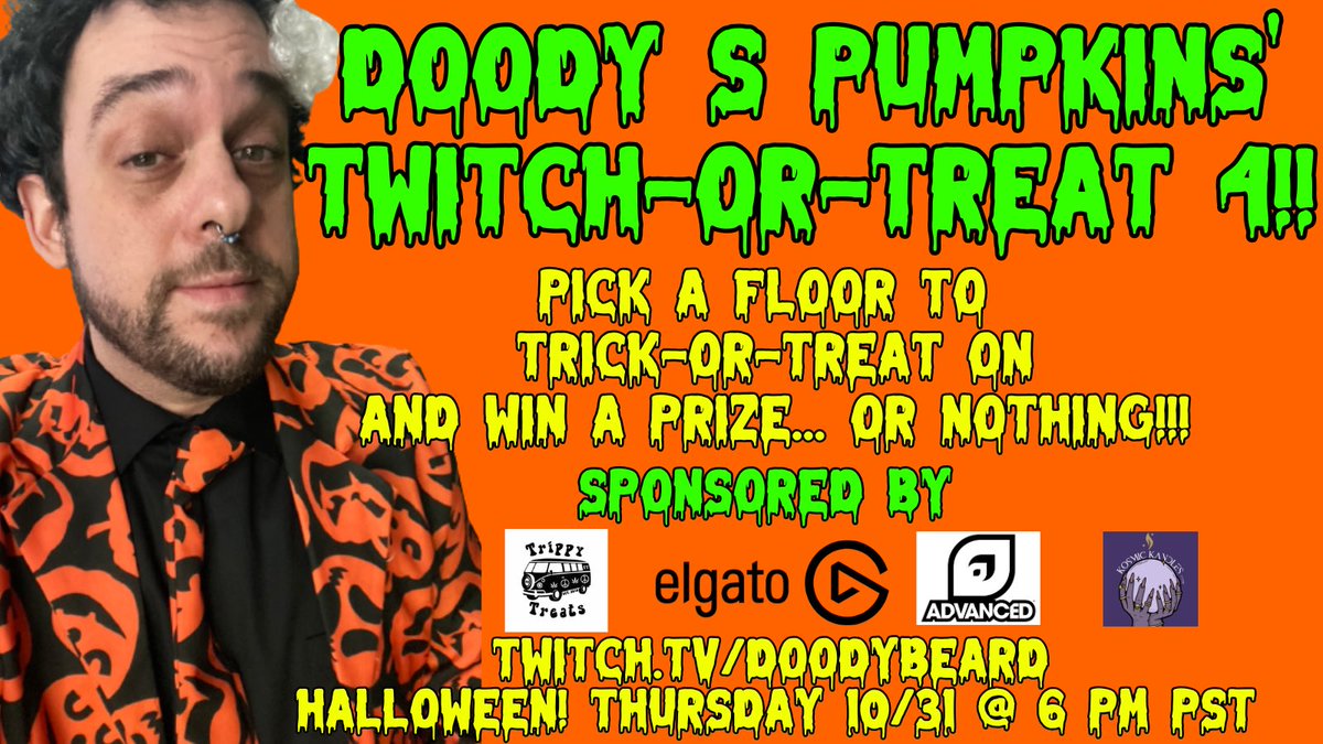 doodybeardLIVE's tweet image. **CHANGED DATE**

It’s my Halloween special.. moved to HALLOWEEN!

Pick a floor on my elecator
Trick or treat and win a PRIZE 😍or NOTHING!😭

🎁Prizes from:
@KosmicKandles 
@elgato 
TRIPPY TREATS 🍄
And @ADVANCEDgg !

Thursday @ 6 
Twitch - doodybeard 🎃