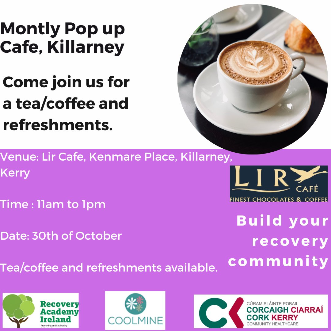 Mark Wright (@markwright087) on Twitter photo Come join us tomorrow for <a href="/IreRecoveryAcad/">RecoveryAcademyIre</a> and <a href="/CoolmineTC/">Coolmine</a> monthly pop up cafe in Lir Cafe, Kenmare Place, Killarney, Co Kerry.
#socialinclusion #recovery #harmreduction #Recoverycapital #safespace
<a href="/cldatf/">Cork Drug & Alcohol Task Force</a> <a href="/amyroche36/">Amy Roche</a> <a href="/BinghamInfo/">Tim Bingham</a> <a href="/lircafe/">Lir Cafe</a> <a href="/drugsdotie/">HSE Drugs.ie</a> <a href="/HSE_SI/">HSE Social Inclusion</a> Come join us tomorrow for <a href="/IreRecoveryAcad/">RecoveryAcademyIre</a> and <a href="/CoolmineTC/">Coolmine</a> monthly pop up cafe in Lir Cafe, Kenmare Place, Killarney, Co Kerry.
#socialinclusion #recovery #harmreduction #Recoverycapital #safespace
<a href="/cldatf/">Cork Drug & Alcohol Task Force</a> <a href="/amyroche36/">Amy Roche</a> <a href="/BinghamInfo/">Tim Bingham</a> <a href="/lircafe/">Lir Cafe</a> <a href="/drugsdotie/">HSE Drugs.ie</a> <a href="/HSE_SI/">HSE Social Inclusion</a>