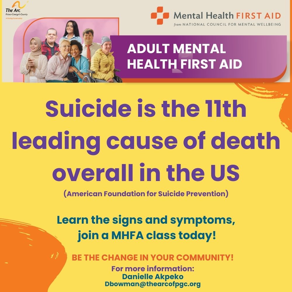 The Arc Prince George's County (@thearcofpgc) on Twitter photo Be "The Change" and join a Mental Health First Aid class. Free and available until spaces fill-up. Email dbowman@thearcofpgc.org TODAY! Be "The Change" and join a Mental Health First Aid class. Free and available until spaces fill-up. Email dbowman@thearcofpgc.org TODAY!