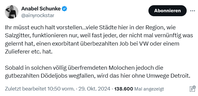 KreuzAcht's tweet photo. So denkt das mediale Umfeld der AfD über die VW-Beschäftigten:
"nicht mal vernünftig was gelernt"
"exorbitant überbezahlten Job bei VW"

Genau das denken viele in der AfD, sind aber zu schlau, das öffentlich zu sagen.
Erwartet von denen keine Solidarität! https://t.co/elWLTv3Kan