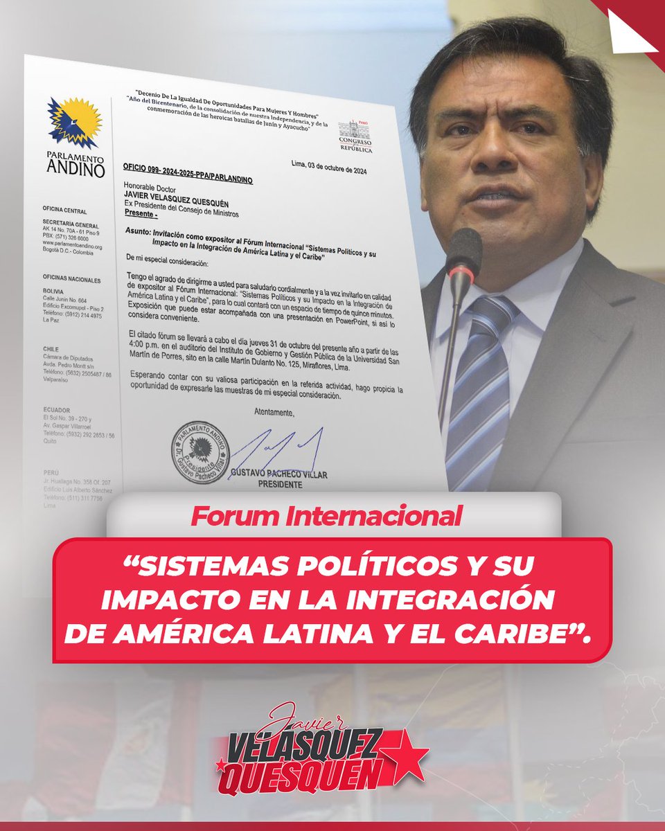 JVelasquezQ's tweet photo. ¡Compañeros! 🇵🇪🌎  Este 31 de octubre participaré como expositor en el Fórum Internacional "Sistemas Políticos y su Impacto en la Integración de América Latina y el Caribe".   

 ¡Sigamos luchando juntos por una América Latina más fuerte y unida! ✊  

📍Lugar: Auditorio del Instituto de Gobierno y Gestión Pública de la Universidad San Martín de Porres 🕓 Hora: 4:00 p.m. 📱 Transmisión en vivo por Facebook: Parlamento Andino TV  

#JavierVelasquezQuesquen #PartidoAprista #UnidadLatinoamericana #Integración #FuerzaAprista