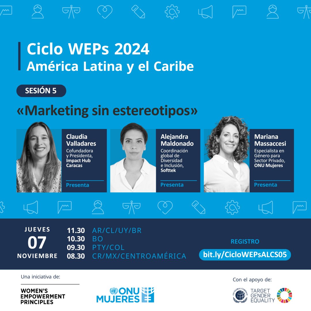 🔔 Participa en la sesión 5 del #CicloWEPs 2024: «Marketing sin estereotipos»​
📋 Registro: ➡️ bit.ly/CicloWEPsALCS05​
🗓️ Jueves 7 de noviembre​
⏰ 11:30 h 🇺🇾 🇦🇷 🇧🇷 🇨🇱