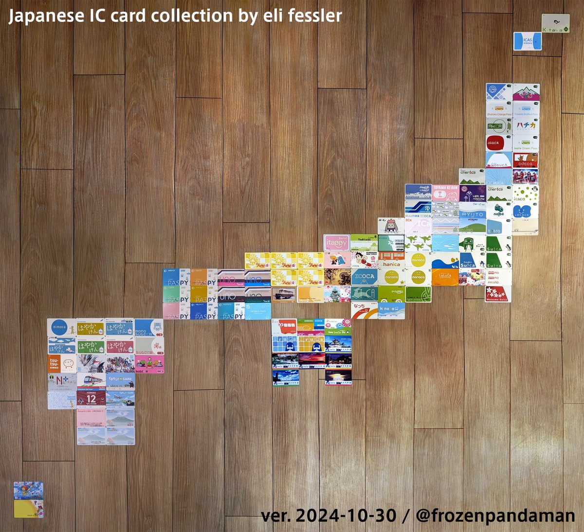 frozenpandaman's tweet image. I moved to Japan one year ago today – in which time I've ridden public transit all across the country & collected 113 different IC cards (…so far!) 🚞🥳💳
I'm still missing a few, but at this point, it's enough to finally lay them out to make a map of Japan! #交通系ICカード