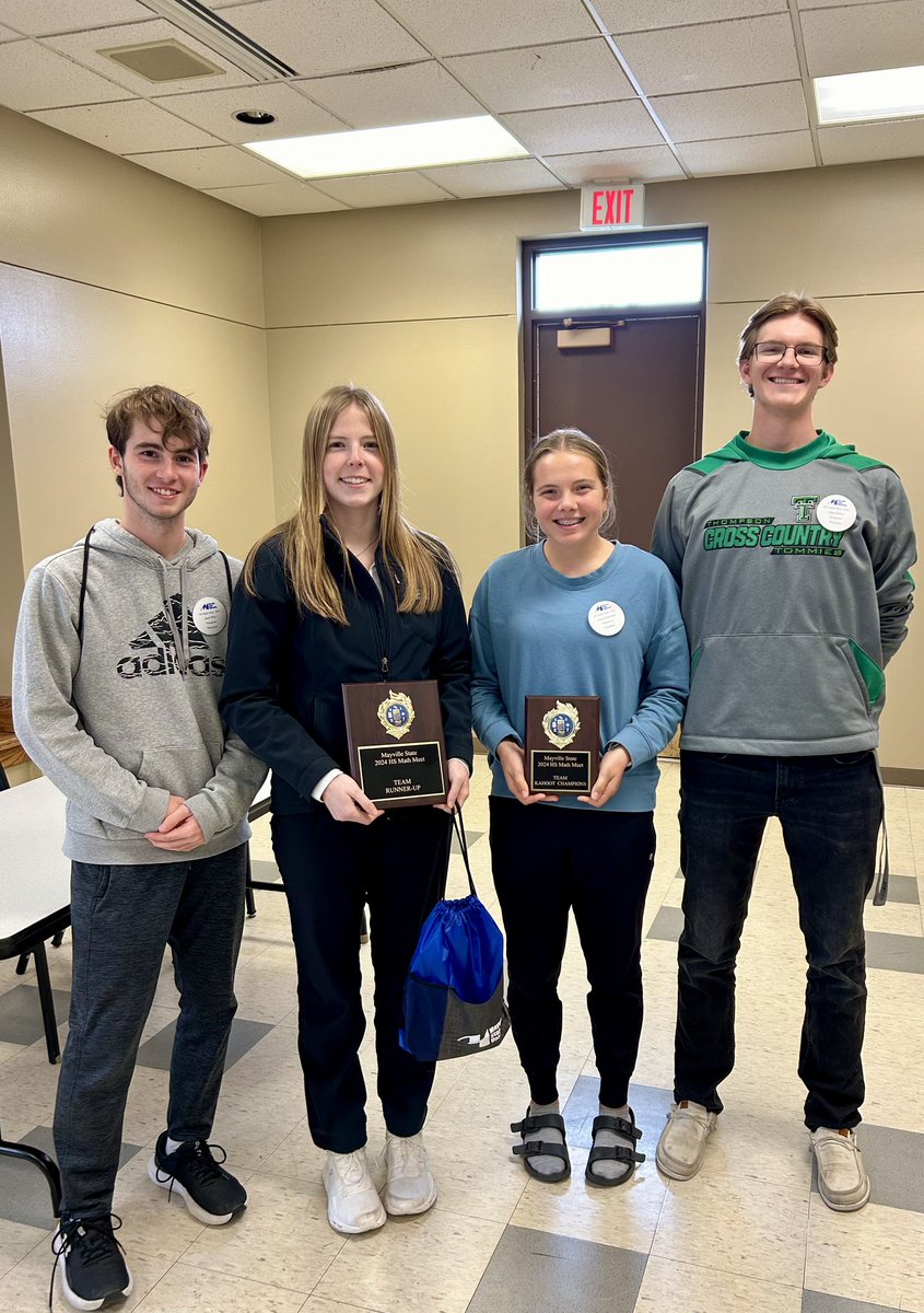 Congratulations to our Math Team (Jacob West, Jailin Avdem, Alexa Gauderman, Kaden Bittner) on taking the runner up trophy and placing 1st in Kahoot at the Mayville Meet today!!!
