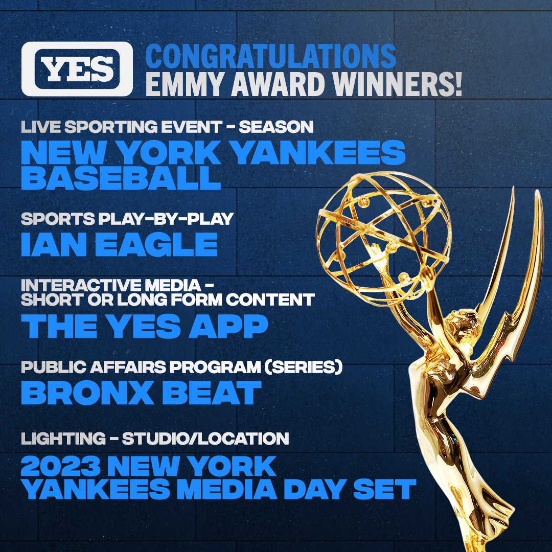 YESNetwork's tweet photo. YES’ NY Sports Emmy count for the year lands at 5! First, our live season-long Yankees coverage &amp; Ian Eagle won in early October, then last week Bronx Beat, the YES App, and our Yanks Media Day lighting setup were honored. https://t.co/JwXQ20xTRJ