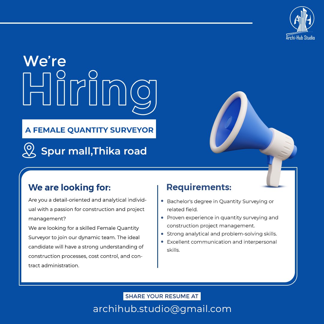 ArchiHubStudio's tweet photo. We are hiring a female Quantity Surveyor!. Join our dynamic team and make an impact in the construction industry. https://t.co/5S4offBfxT