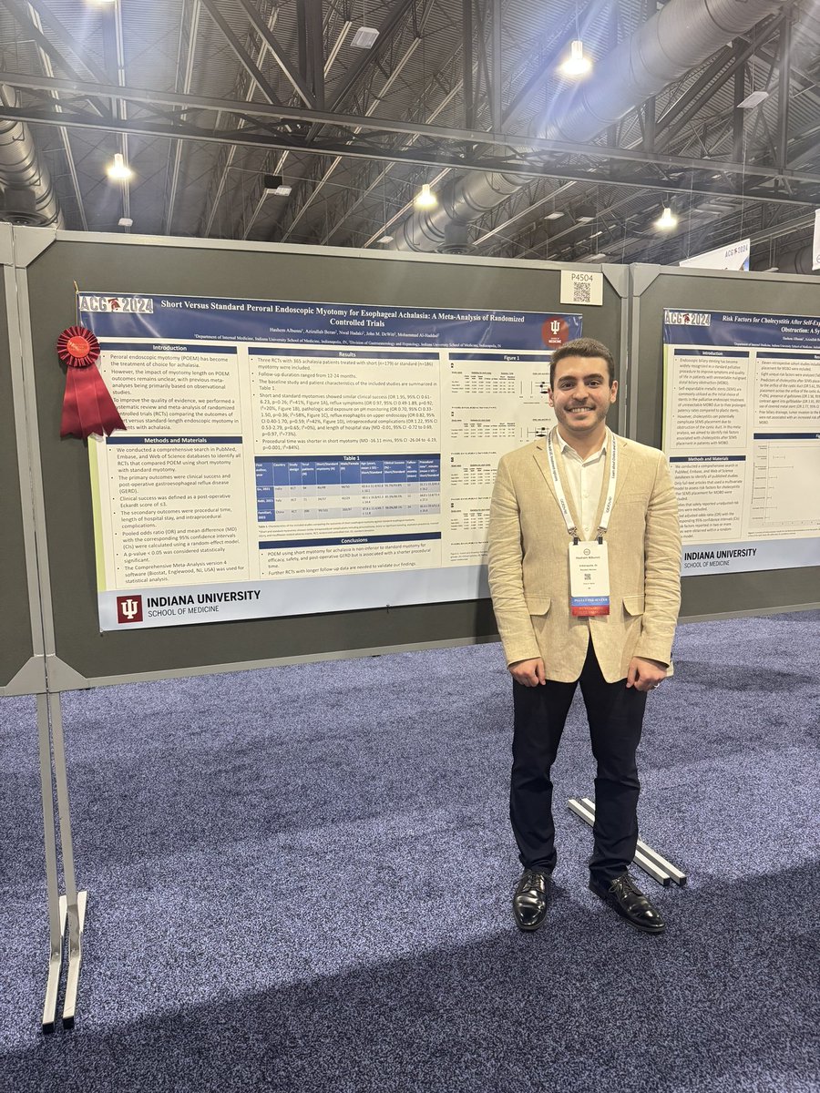 AlbunniHashem's tweet photo. Had a great time presenting at my first #ACG conference in Philly and honored to receive the outstanding poster presenter award 🥇 Grateful to my inspiring mentors and supportive program! @IUIntMed #ACG2024 #GITwitter @AmCollegeGastro 💩 https://t.co/0jBXSM9rzF