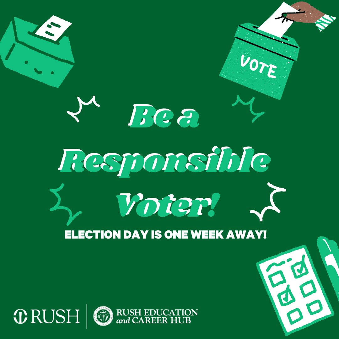 REACHatRush's tweet image. Exercise your right and go vote! Election day is a week away! 
Remember, November 5th is the LAST day to vote, so take advantage of early voting polls throughout to city up until next Tuesday! #reachatrush #CreatingOpportunties #EmpoweringMinds #Chicago #Vote #Election2024