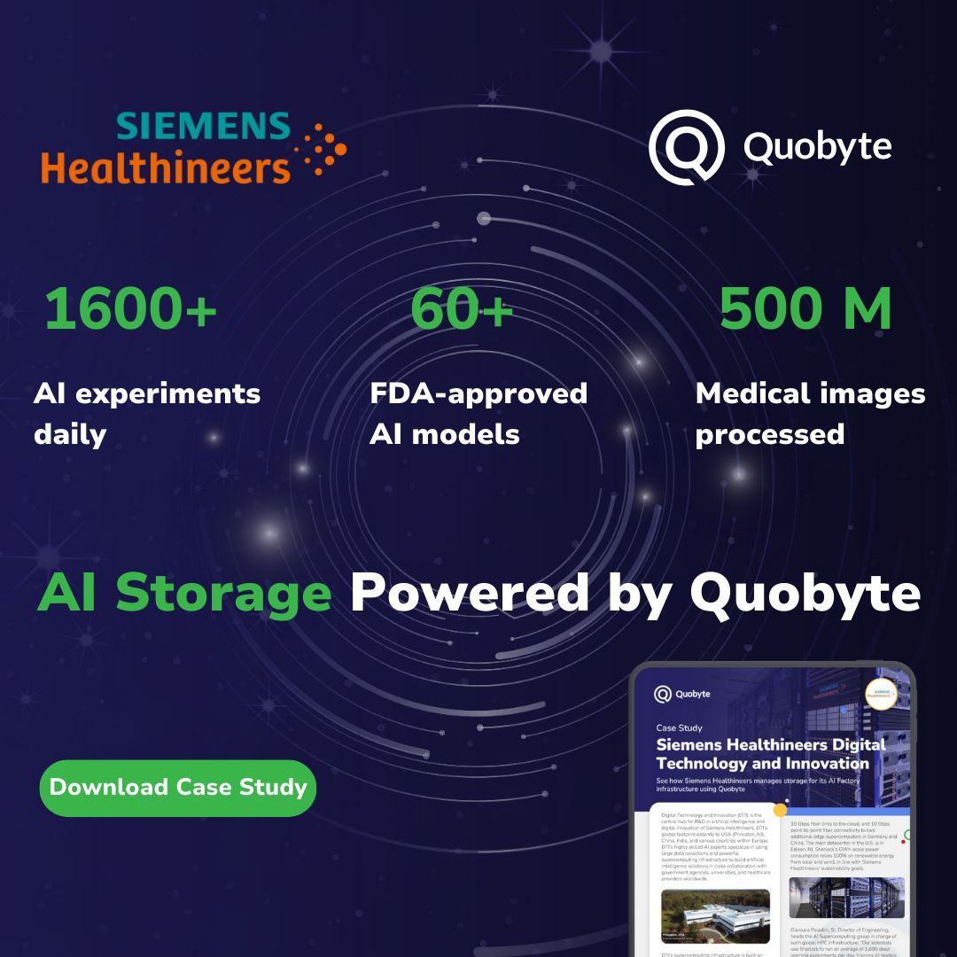 Discover AI innovation at Siemens Healthineers! Their AI Factory, powered by "Sherlock," advances AI research and model training, supported by Quobyte's scalable storage solutions. Dive into their journey of integrating AI into healthcare: buff.ly/48pfvt0 #AI #AIStorage