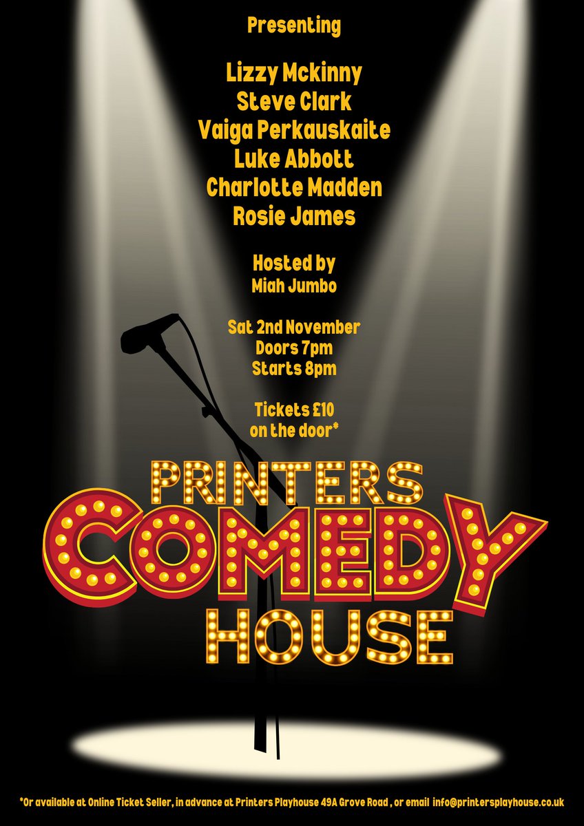 𝗧𝗵𝗶𝘀 𝗦𝗮𝘁𝘂𝗿𝗱𝗮𝘆 𝗮𝘁 𝗣𝗣𝗛! 

😆 ✨ 🤣 🧡 😅 ✨ 😄 🧡 

𝗣𝗿𝗶𝗻𝘁𝗲𝗿𝘀 𝗖𝗼𝗺𝗲𝗱𝘆 𝗛𝗼𝘂𝘀𝗲

Hosted By:
Miah Jumbo

Doors 7pm, starts 8pm Nov 2nd

Buy your tickets here:
pph.onlineticketseller.com/events/86513

#Comedy #Printers #Playhouse #Tickets #Saturday #Eastbourne