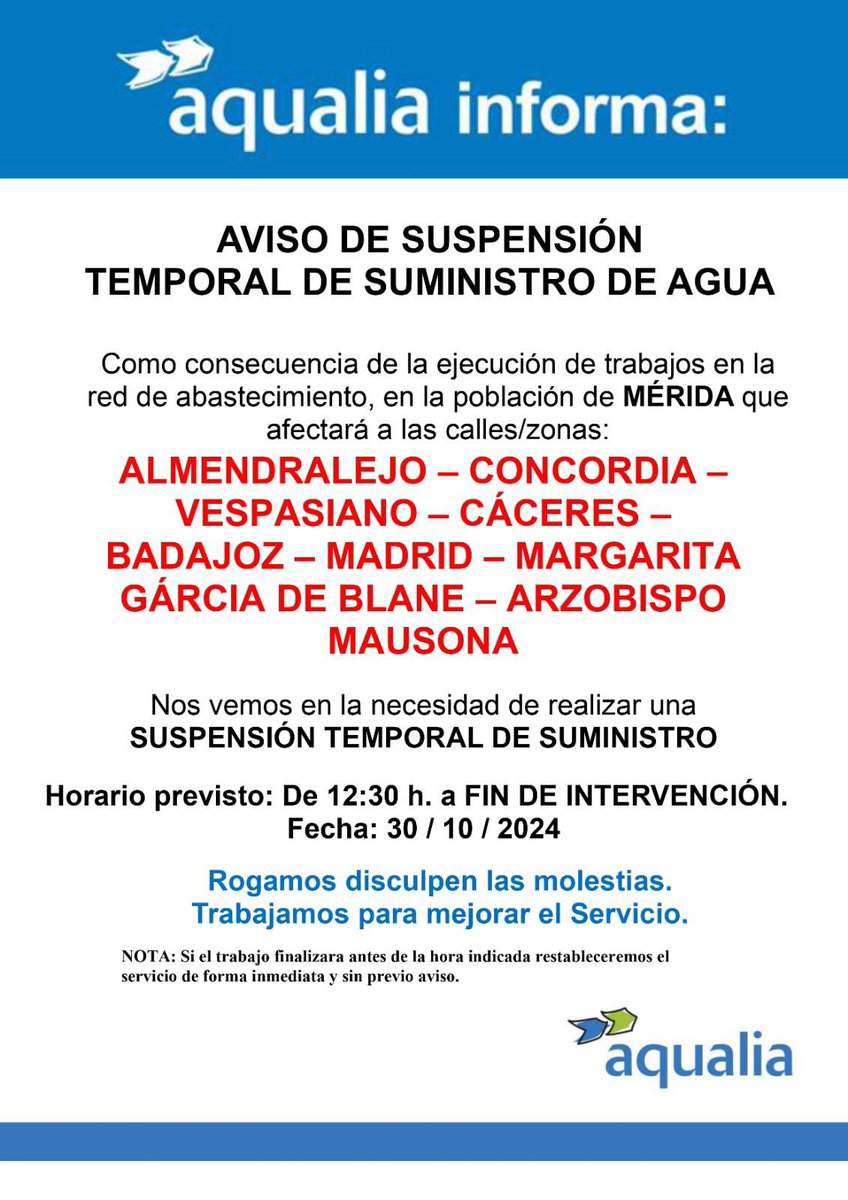 COPEMERIDA's tweet image. 🔴 Información de servicio: @aqualia informa de cortes de agua puntuales que afectan en varias calles de la zona centro, debido a los trabajos que se están llevando a cabo en la red de abastecimiento

🎙️ cope.es/directos/merida