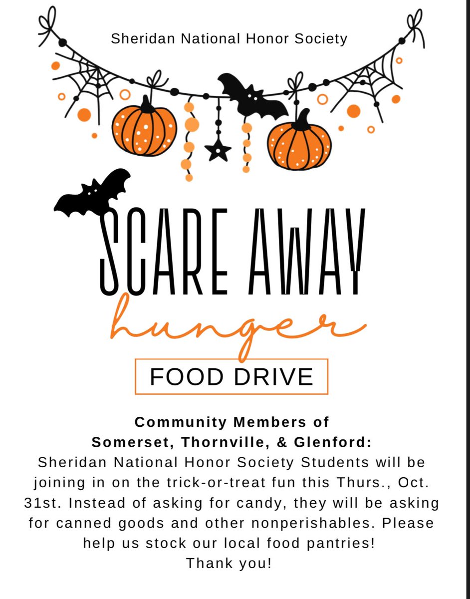 Hey community members, this Thursday National Honor Society members are going trick-or-treating in Somerset, Thornville, and Glenford for our local food pantries! Members will be asking for canned goods and other non perishable items as they go door-to-door!
