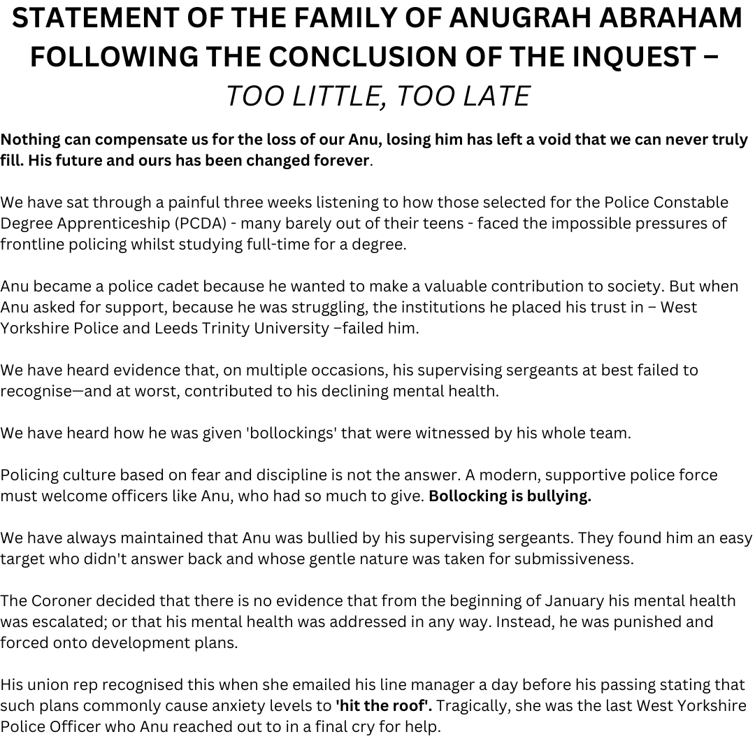 symsaggar's tweet photo. Anu's inquest didn't consider the endemic racism &amp; culture of bullying dubbed as 'stern discipline' which persists within the Force. My cousin is another casualty in a long line of others. We disagree with the Coroner that Anu’s death wasn't preventable. Anu was set up to fail. https://t.co/JlYNSKEexP