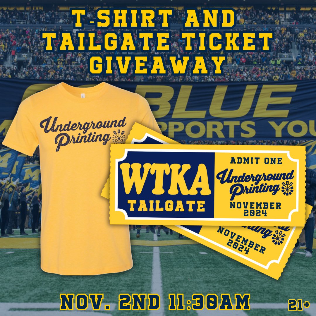 Enter to win this t-shirt and WTKA 1050 Tailgate pass giveaway for this Saturday, Nov. 2nd!

Go to our Instagram to enter!
instagram.com/p/DBuHiZ0PMD_/