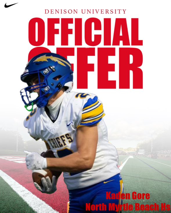 KadenGore2's tweet photo. #AGTG After an amazing conversation with @coachhatem I’m blessed to say I have earned an offer from Denison University! @coachbutler1960 @NMBHSFootball @NMBChiefsOnline @ccprospects23 @PrepRedzoneSC https://t.co/KtcaTRBT9r