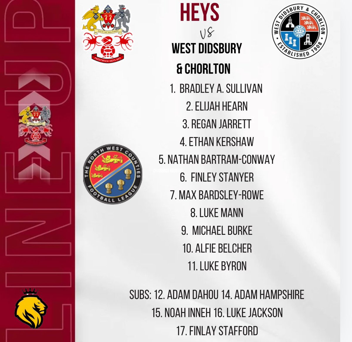 PrestwichHeysFC's tweet photo. Here’s how Heys line up tonight against @WD_CFC . New signings in Ethan Kershaw, Max Bardsley-Rowe, Michael Burke, Alfie Belcher and Luke Byron all start. Kick off ten minutes away. https://t.co/aDKKF6Rxok