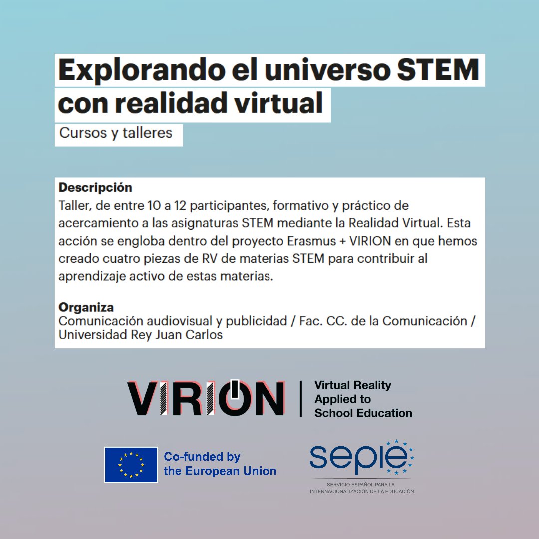 VIRIONProject's tweet photo. �� #VIRION will be taking part in Madrid Science and Innovation Week, organised by @madrimasd with the support of @FECYT_Ciencia and @CienciaGob.
👉🏼 Our team from @urjc will be running a workshop on how Virtual Reality can be used in STEM education.
ℹ️ https://t.co/2AaCOOCWn3 https://t.co/RzE7LeSuYl