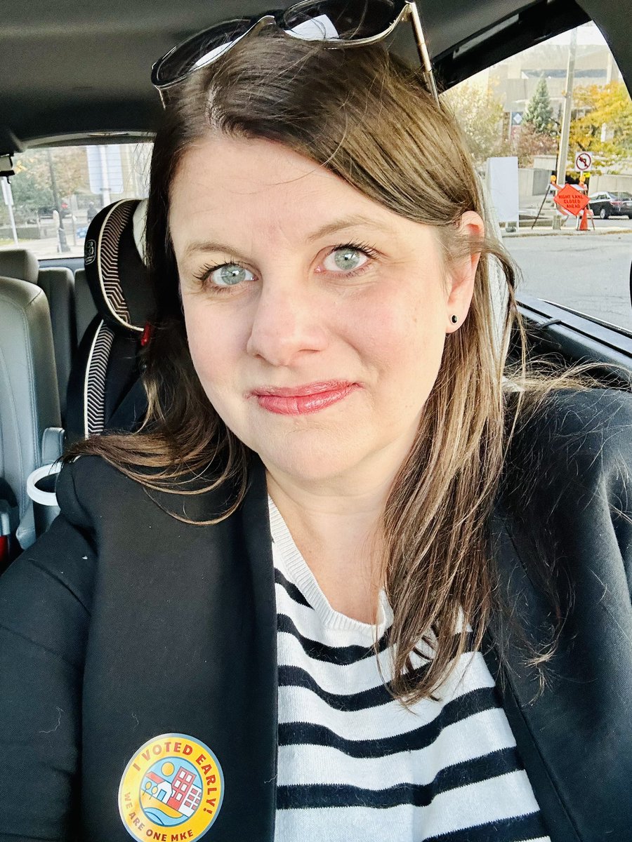 ElectionClaire's tweet photo. Panic over waiting till Election Day to vote set in this afternoon…in and out of Zeidler in less than 5 minutes! Wearing the voting sticker that I designed was the 🍒 on top! #milwaukee #onemke https://t.co/vyvhTN1LmG