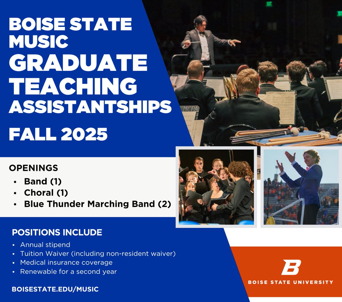 Are you ready to earn your Master of Music degree? Then this post is for you. Boise State Music has four graduate teaching assistantships open for fall 2025. For more info, please visit the link below. 

boisestate.edu/music/degrees/…