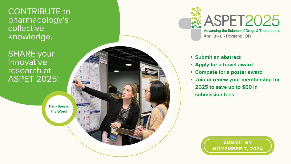 dalauver's tweet photo. Contribute to our community's collective knowledge! Submit an abstract to #ASPET2025 for an opportunity to spark conversation with potential collaborators and network with renowned experts in your specialty. Submit an abstract here: https://t.co/VJUwxUpDjC. #pharmacology https://t.co/Nv16d9FreU