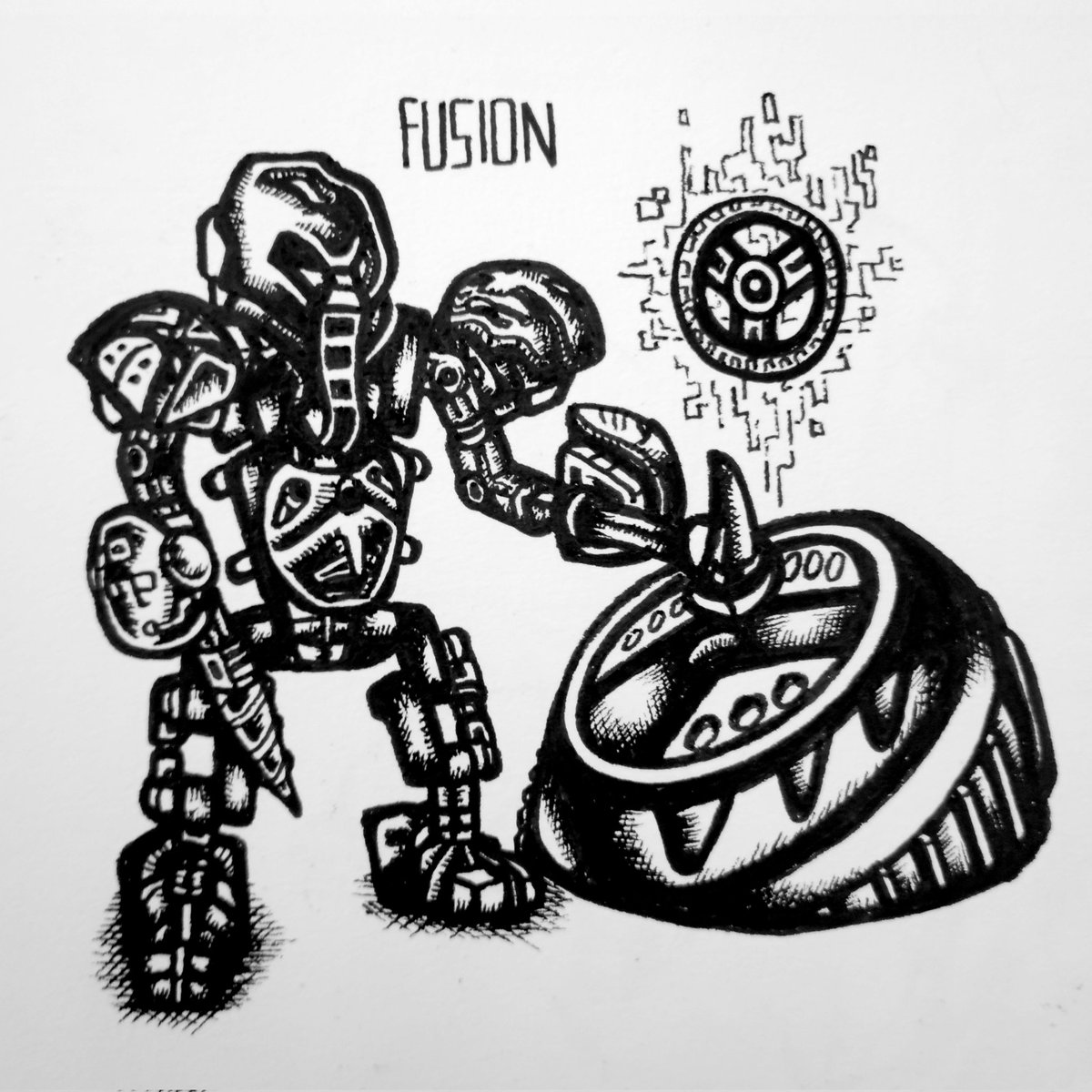 #bonktober #bonktober2024 27. Fusion . In the dark of Mangaia, the Turaga Nui approaches a strange pedestal and produces the Golden Talisman Wheel. The Toa Mata must now enter the Dream chamber.... #roborider #bionicle #fanart