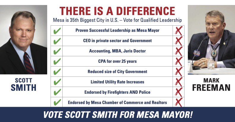 Why should you vote for Scott Smith? Mesa needs experienced leadership. There is a difference! Check it out! SmithforMesa.com
